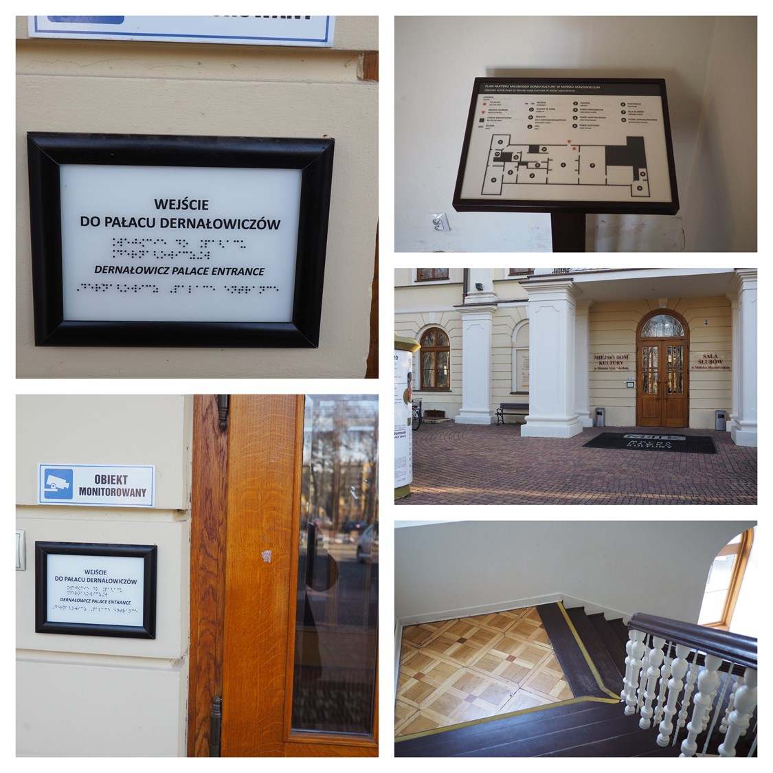 Dotykowy plan Pałacu Dernałowiczów i Miejskiego Domu Kultury w Mińsku Mazowieckim, dotykowe tabliczki informacyjne, taśmy kontrastowe na schodach