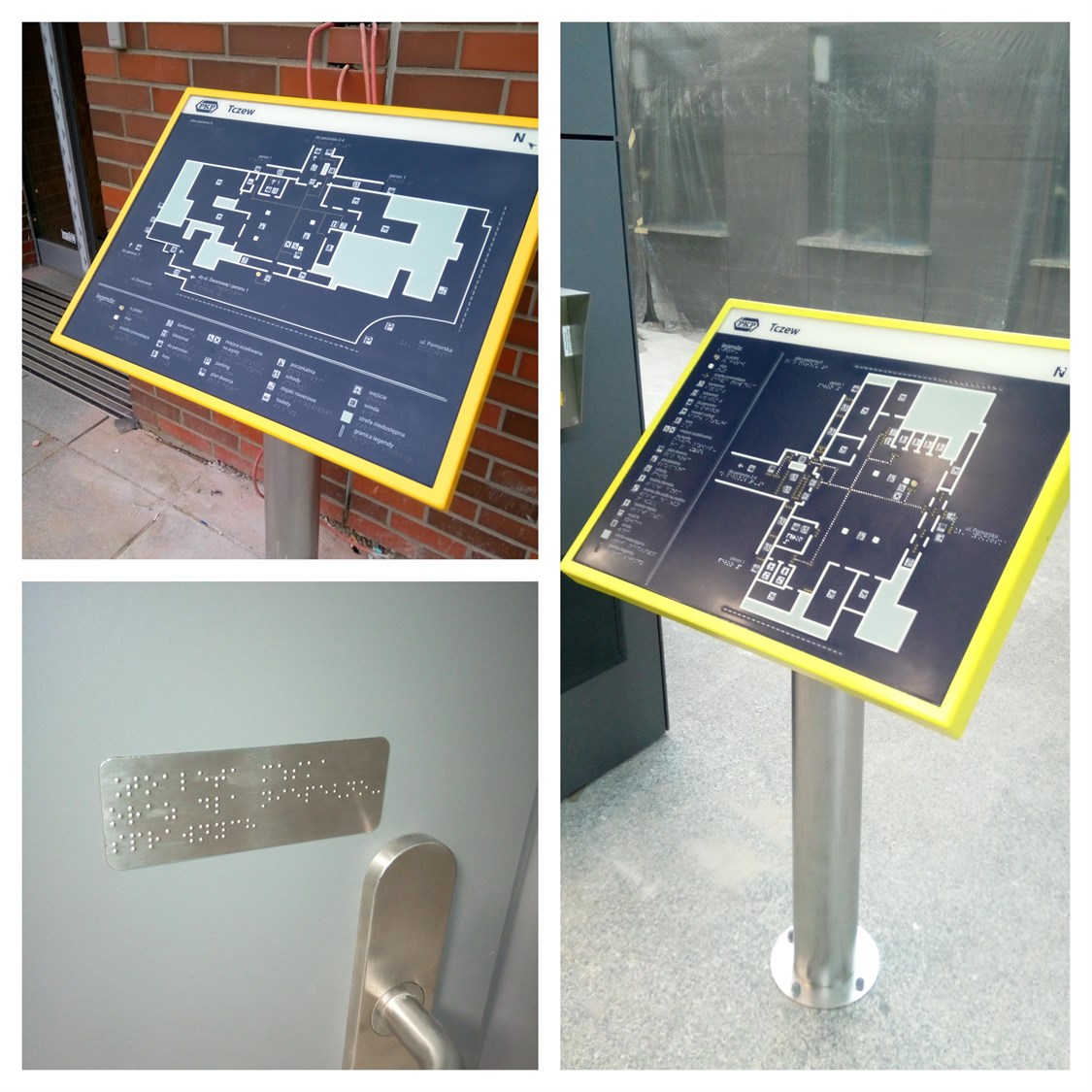 Dotykowe, informacyjne plany dworca PKP w Tczewie, brajlowskie, metalowe nakładki na poręcze, metalowe tabliczki na drzwi z napisami w brajlu
