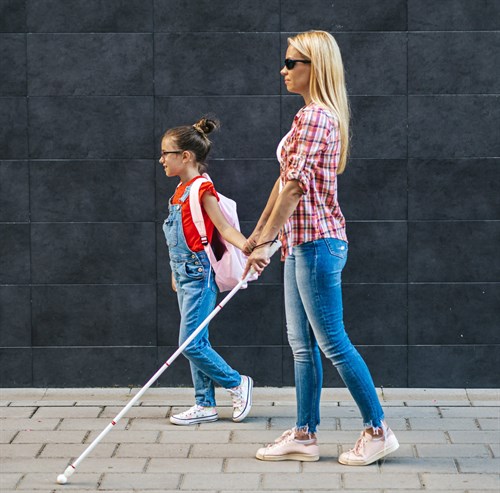 Zdjęcie Przedstawia Niewidomą Mamę Prowadzącą Córkę Za Rękę