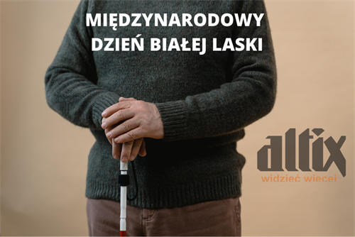 Grafika Zawiera Figurę Człowieka Opartego O Białą Laskę , Z Tytułem Święta Oraz Logiem Altixu.