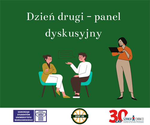 Grafika zawiera napis "Dzień drugi - panel dyskusyjny", figury rozmawiających osób oraz logotypy organizatorów wydarzenia.