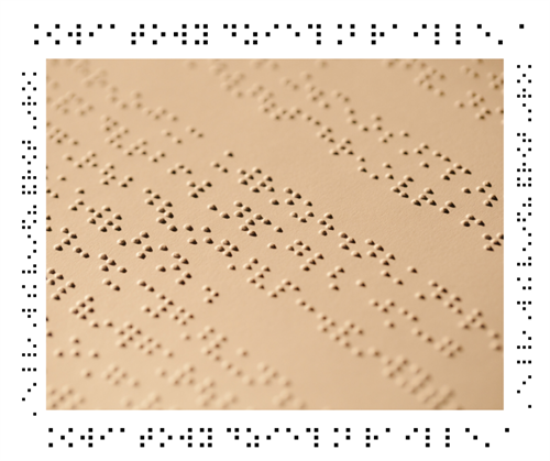 Zdjęcie Przedstawia Kartkę Z Zapisem Brajlowskim , Wokół Której Znajduję Się Ramka Stworzona Z Napisu Światowy Dzień Brajla.