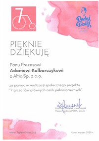 Podziekowania Dla Adama Kalbaczyka W Realizacji Projektu Siedem Grzechow Osob Pelnosprawnych