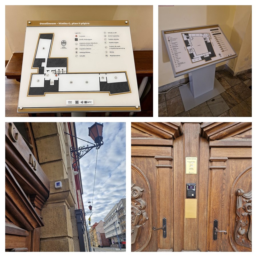 Udźwiękowiony terminal informacyjny, dwa dotykowe plany informacyjne ze znacznikami YourWay Beacon i NFC,  znaczniki YourWay Plus, metalowe, brajlowskie tabliczki informacyjne w Zakładzie Narodowym im. Ossolińskich we Wrocławiu. 