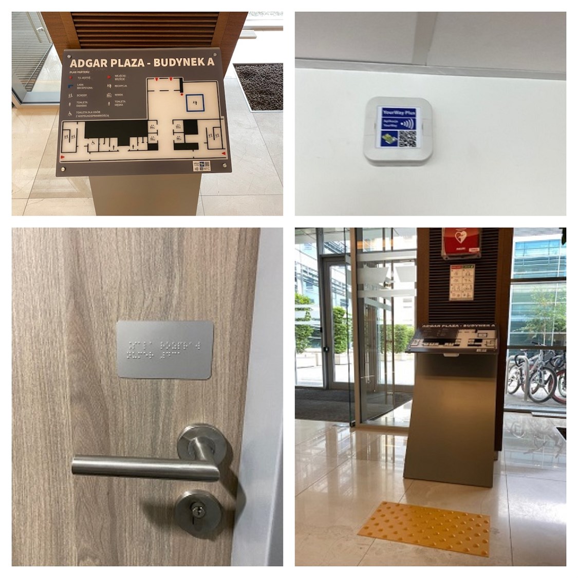 Dotykowy plan informacyjny ze znacznikami YourWay Plus i NFC, znacznik YourWay Plus w korytarzu, aluminiowe tabliczki informacyjne w budynku A kompleksu biurowego Adgar Plaza w Warszawie