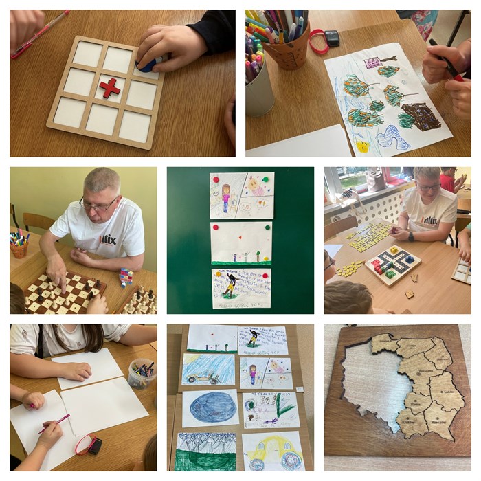 Kolaż 8 zdjęć. Na pierwszym widać dłonie dzieci oraz planszę do gry w kółko i krzyżyk z czerwonym krzyżykiem na środkowym polu. Na drugim zdjęciu widać pojemniki z kolorowymi flamastrami i długopisami oraz jedną z konkursowych prac. Trzecie zdjęcie przedstawia pracownika firmy Altix grającego z dzieckiem w warcaby.  kolejne zdjęcie, to trzy nagrodzone rysunki stworzone przez uczniów. Na piątym zdjęciu widzimy kolejnego pracownika firmy Altix grającego z dziećmi w Chińczyka. 6 zdjęcie przedstawia dzieci szykujące się do narysowania prac na konkurs. Na kolejnym zdjęciu widać dwa stoliki, na których znajdują się rysunki stworzone przez uczniów. Ostatnie zdjęcie przedstawia leżącą na stole układankę, w której układamy kształt Polski z puzzli w kształcie województw.