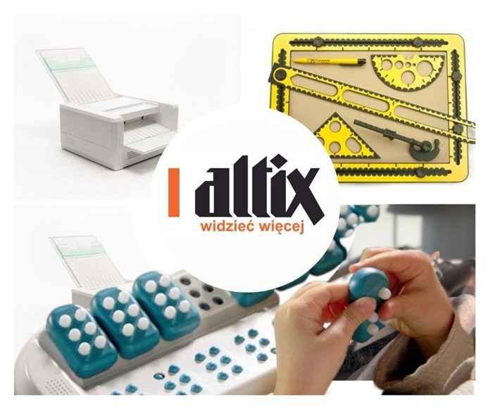 Grafika przedstawia trzy produkty drukarkę TactPlus, rysownicę TactiPad oraz urządzenie wspomagające naukę brajla Taptilo. W centralnej części grafiki znajduję się logo "Altix widzieć więcej"