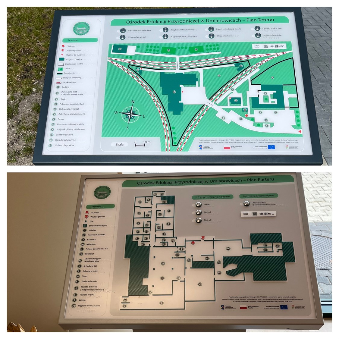 Udźwiękowione, dotykowe plany informacyjne Ośrodka Edukacji Przyrodniczej w Umianowicach – plan terenu i plan parteru wnętrza budynku.