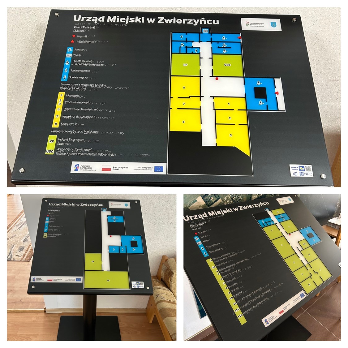 Dotykowe plany informacyjne ze znacznikami YourWay Beacon i NFC w budynku Urzędu Miejskiego w Zwierzyńcu.