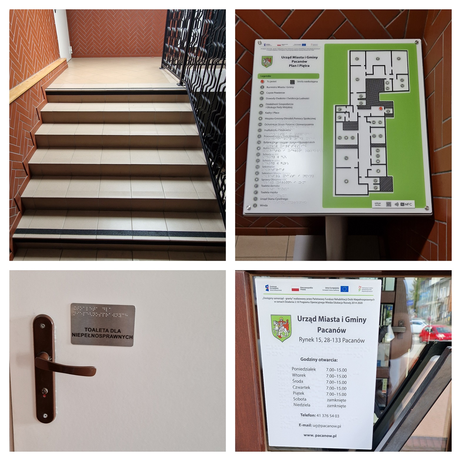 Dotykowy, udźwiękowiony plan informacyjny ze znacznikami NFC, dwa dotykowe plany informacyjne ze znacznikami YourWay Beacon i NFC, tablica informacyjna, znacznik YourWay Plus, metalowe tabliczki informacyjne w czarnym druku i w brajlu, taśmy oznaczeniowe na krawędzie schodów w Urzędzie Gminy Pacanów.
