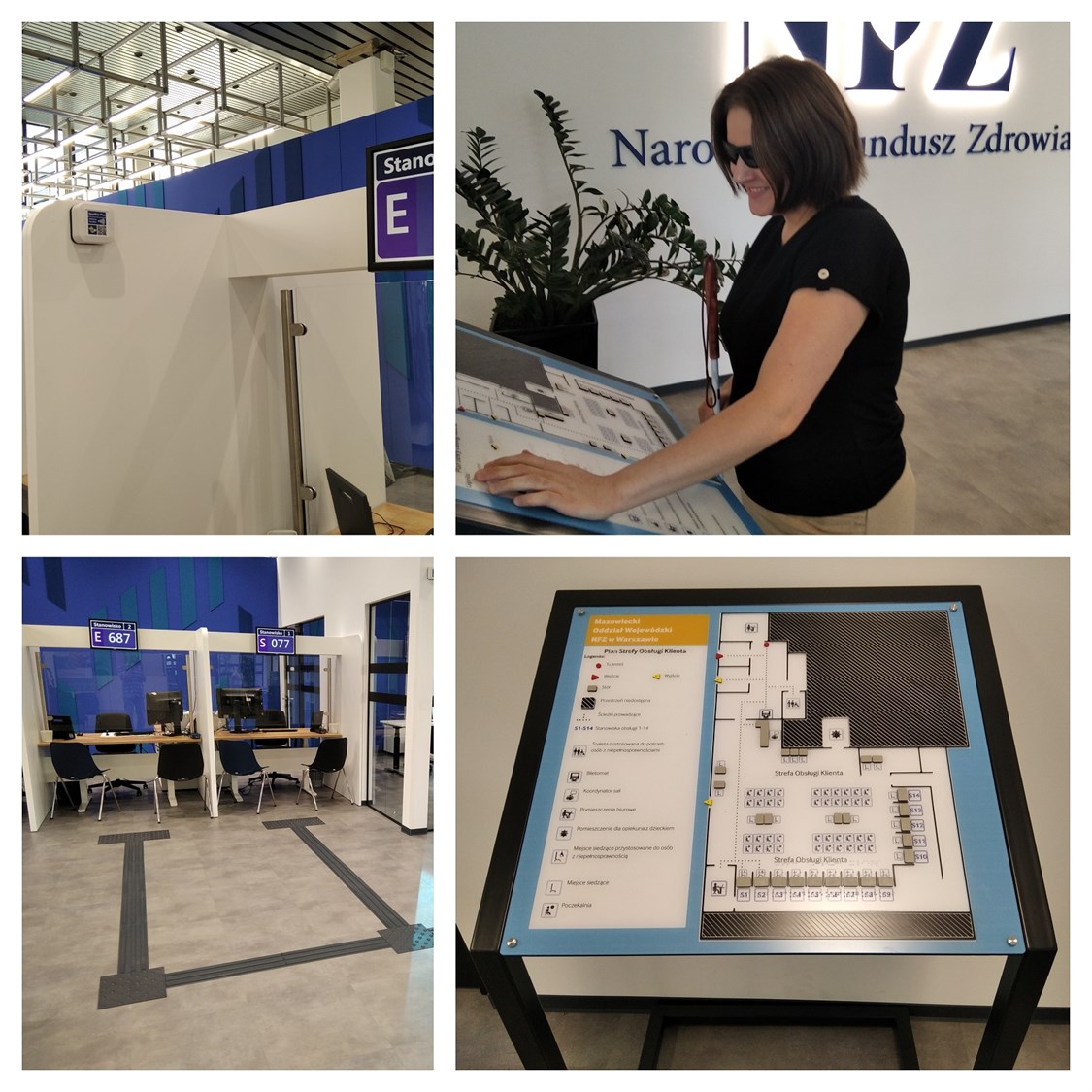 Tyflograficzny plan informacyjny ze znacznikami YourWay Beacon i NFC, linie naprowadzające i pola uwagi, znaczniki YourWay Plus w siedzibie Mazowieckiego Oddziału Wojewódzkiego Narodowego Funduszu Zdrowia. 