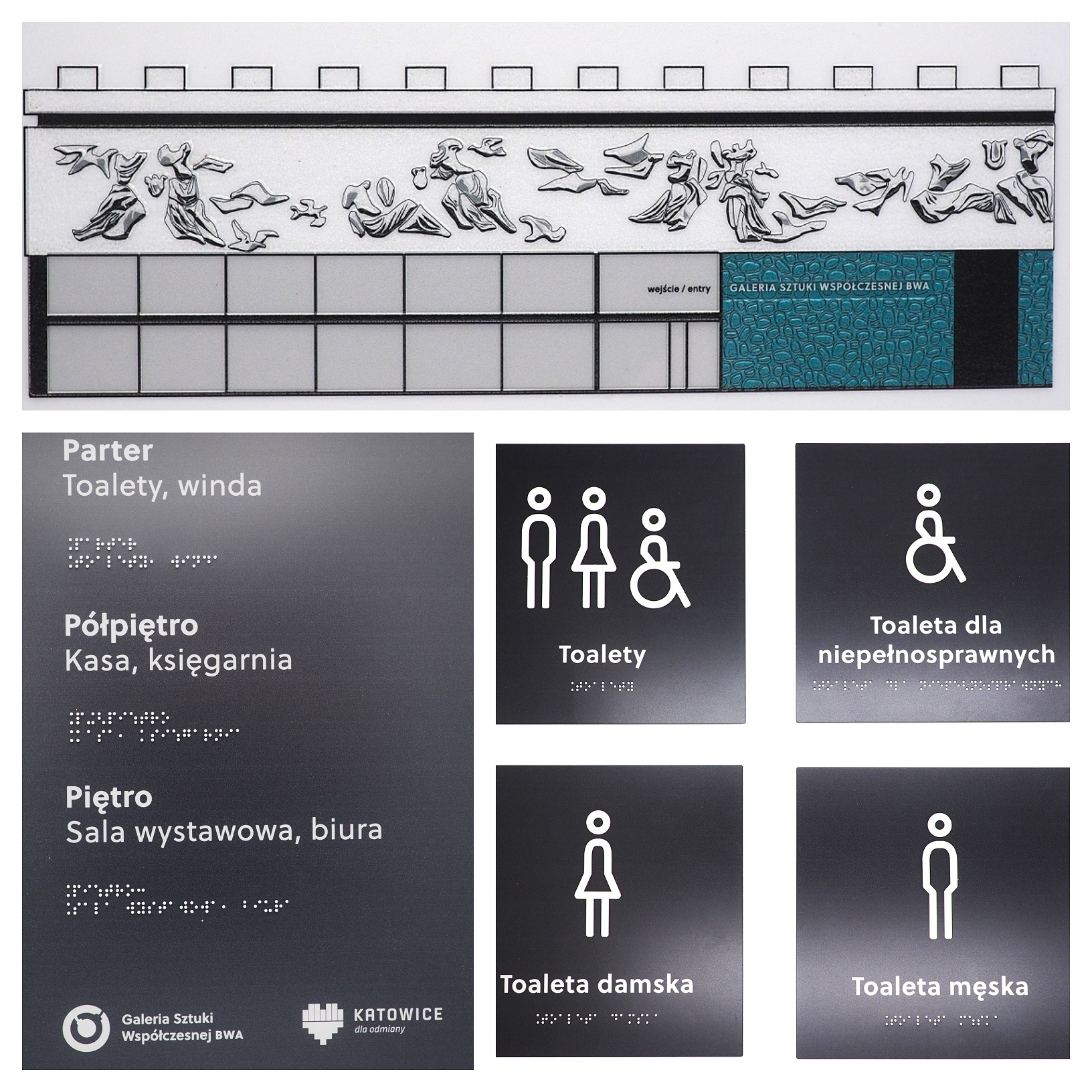 Tablica informacyjna w czarnym druku i w brajlu, tabliczki informacyjne w czarnym druku i w brajlu z piktogramami, obraz termoformowany dla Galerii Sztuki Współczesnej BWA Katowice.
