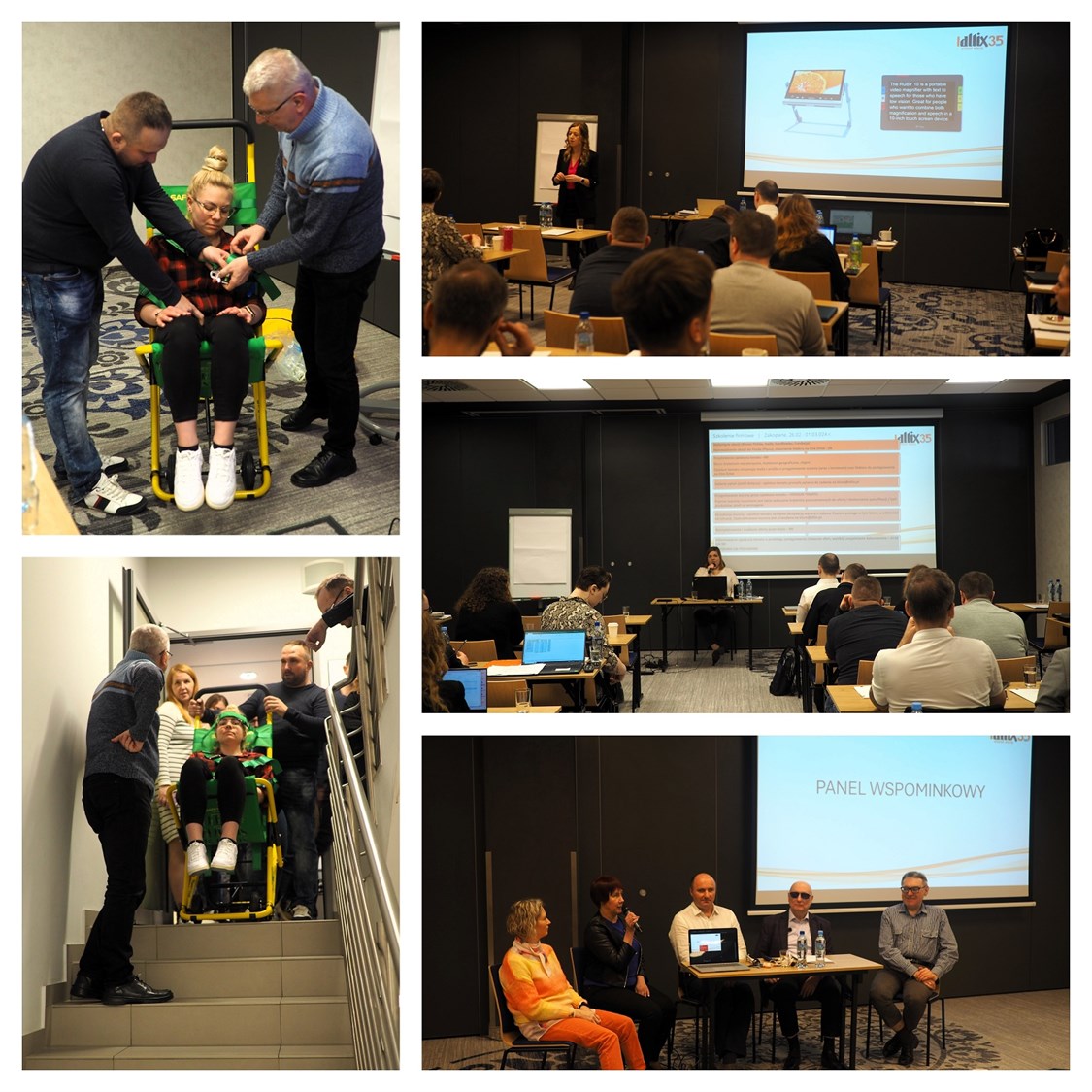 Kolarz pięciu zdjęć przedstawiający: Uczestnicy szkolenia pokazują ewakuację przy użyciu krzesła ewakuacyjnego na schodach hotelu. W około zebrana jest grupa pracowników firmy Altix uczestniczących w szkoleniu. Dwóch pracowników firmy Altix zabezpiecza uczestniczkę szkolenia na krześle ewakuacyjnym. Zdjęcie zza pleców uczestników szkolenia. Prowadząca stoi po lewej stronie i prezentuje pracownikom powiększalniki oraz elektroniczne lupy będące w ofercie firmy. Widok sali wykładowej zza pleców uczestników. Przy stoliku siedzi prowadząca panel kobieta z mikrofonem w dłoni. Za nią rzutnik wyświetla prezentację. Pięć osób, w tym jedna kobieta z mikrofonem siedzi przy stole, na którym znajduje się laptop, w tle rzutnik wyświetla tytuł panelu: "Panel wspominkowy" oraz w prawym górnym rogu logo firmy Altix 35lat.