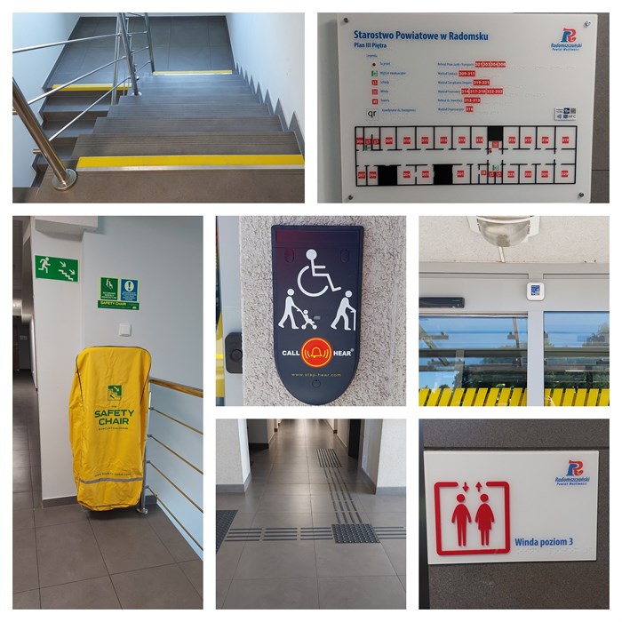 Tyflograficzne plany informacyjne ze znacznikami YourWay Beacon i NFC, tabliczki informacyjne w czarnym druku i w brajlu, linie naprowadzające i pola uwagi, kątowniki na schody, krzesła ewakuacyjne, przenośna pętla indukcyjna i system alarmowo-przywoławczy Call-Hear. 