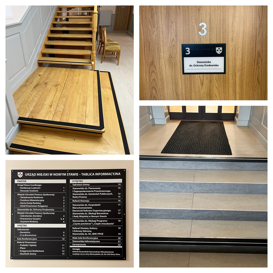 Tablica informacyjna w czarnym druku, tabliczki informacyjne na drzwi w czarnym druku i brajlu, kątowniki na schody i taśmy ostrzegawcze na podesty w Urzędzie Miejskim w Nowym Stawie. 