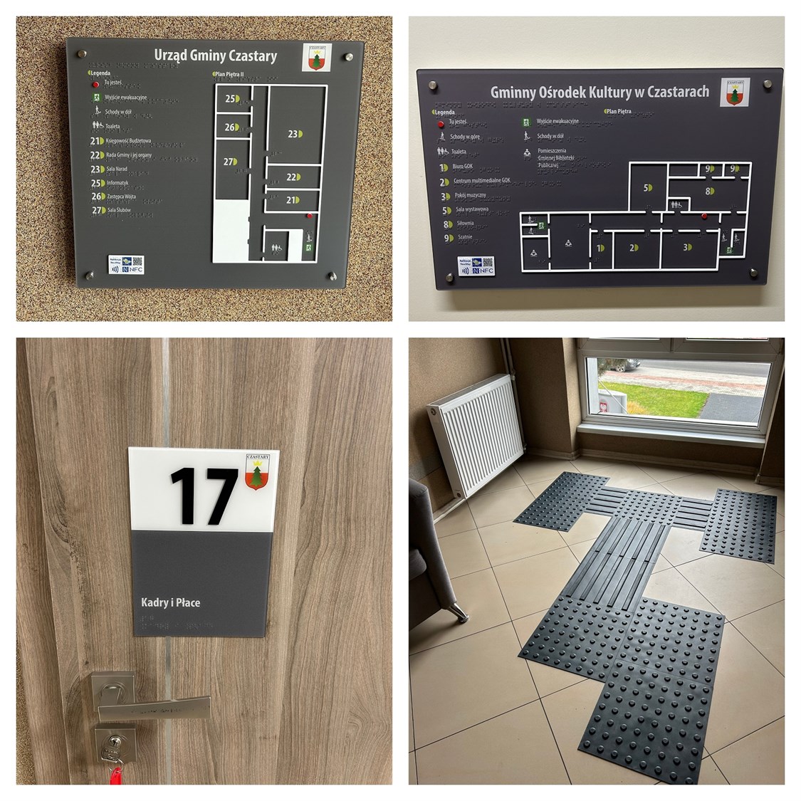 Tyflograficzne plany informacyjne ze znacznikami YourWay Beacon i NFC, tabliczki informacyjne w czarnym druku i w brajlu, linie naprowadzające i pola uwagi w Urzędzie Gminy Czastary. 