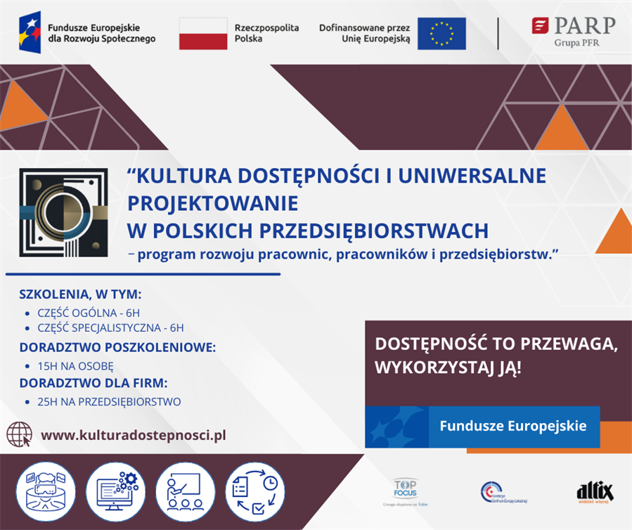Plakat promujący program "Kultura dostępności i uniwersalne projektowanie w polskich przedsiębiorstwach". Informacje o szkoleniu (6h część ogólna, 6h część specjalistyczna) oraz doradztwie (15h dla osoby, 25h dla firmy). Hasło: "Dostępność to przewaga, wykorzystaj ją!". Adres strony: www.kulturadostepnosci.pl.