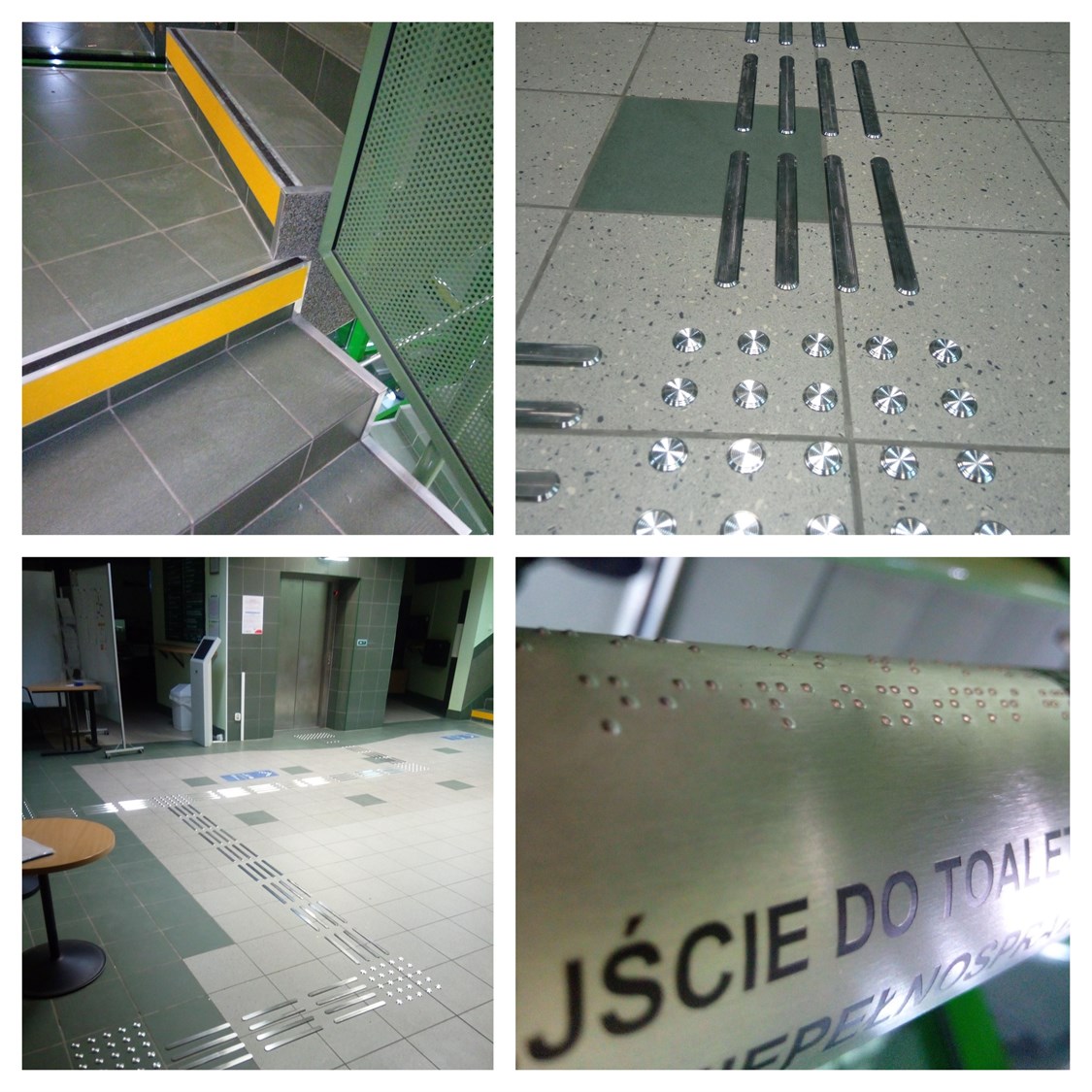 Metalowe, brajlowskie nakładki na poręcze, aluminiowe oznaczenia schodów, stalowe linie naprowadzające i pola uwagi w Powiatowym Urzędzie Pracy w Gdyni