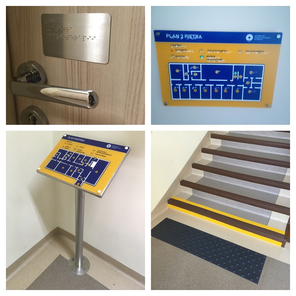 Dotykowe plany informacyjne w Collegium Medicum Uniwersytetu Mikołaja Kopernika w Bydgoszczy z nadajnikami YourWay Plus i beaconami YourWay, brajlowskie tabliczki nadklamkowe na drzwi, taśmy i pola ostrzegawcze