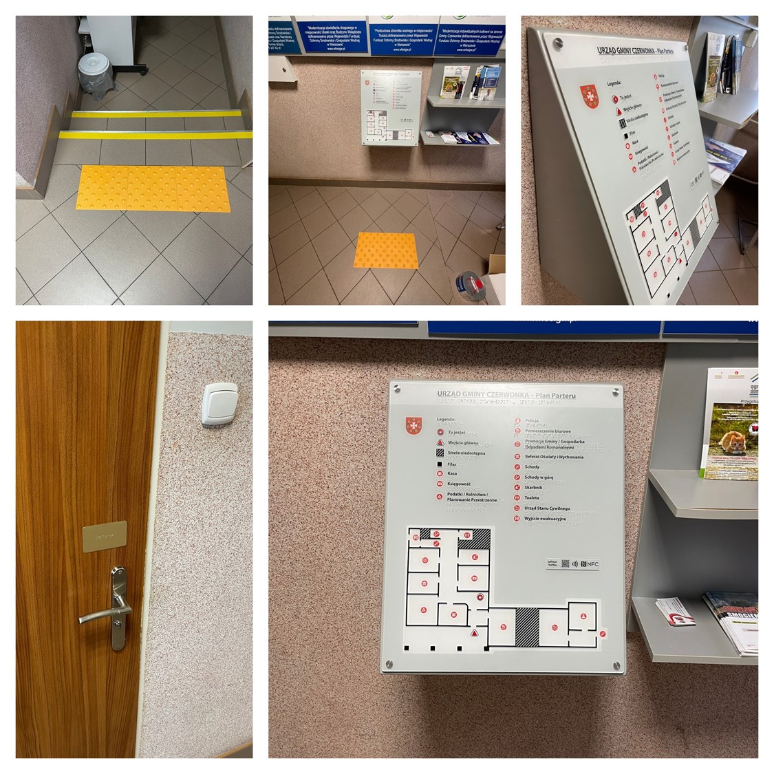 Dotykowy plan informacyjny, metalowe tabliczki na drzwi, pola uwagi i kontrastowa taśma oznakowująca schody w Urzędzie Gminy Czerwonka