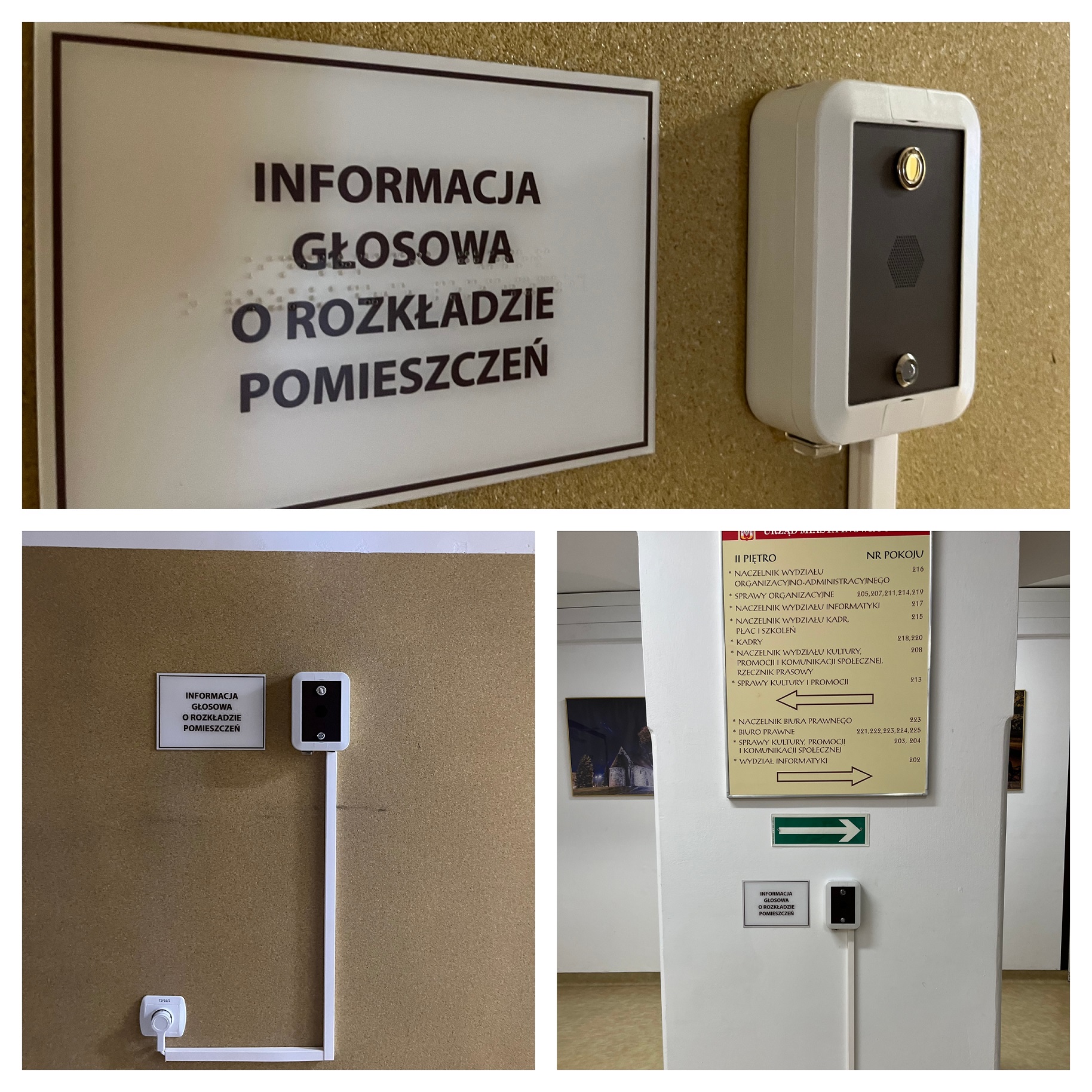 Urządzenia YourWay Box AC z komunikatami głosowymi, tabliczki informacyjne w czarnym druku i w brajlu w Urzędzie Miasta Inowrocław. 