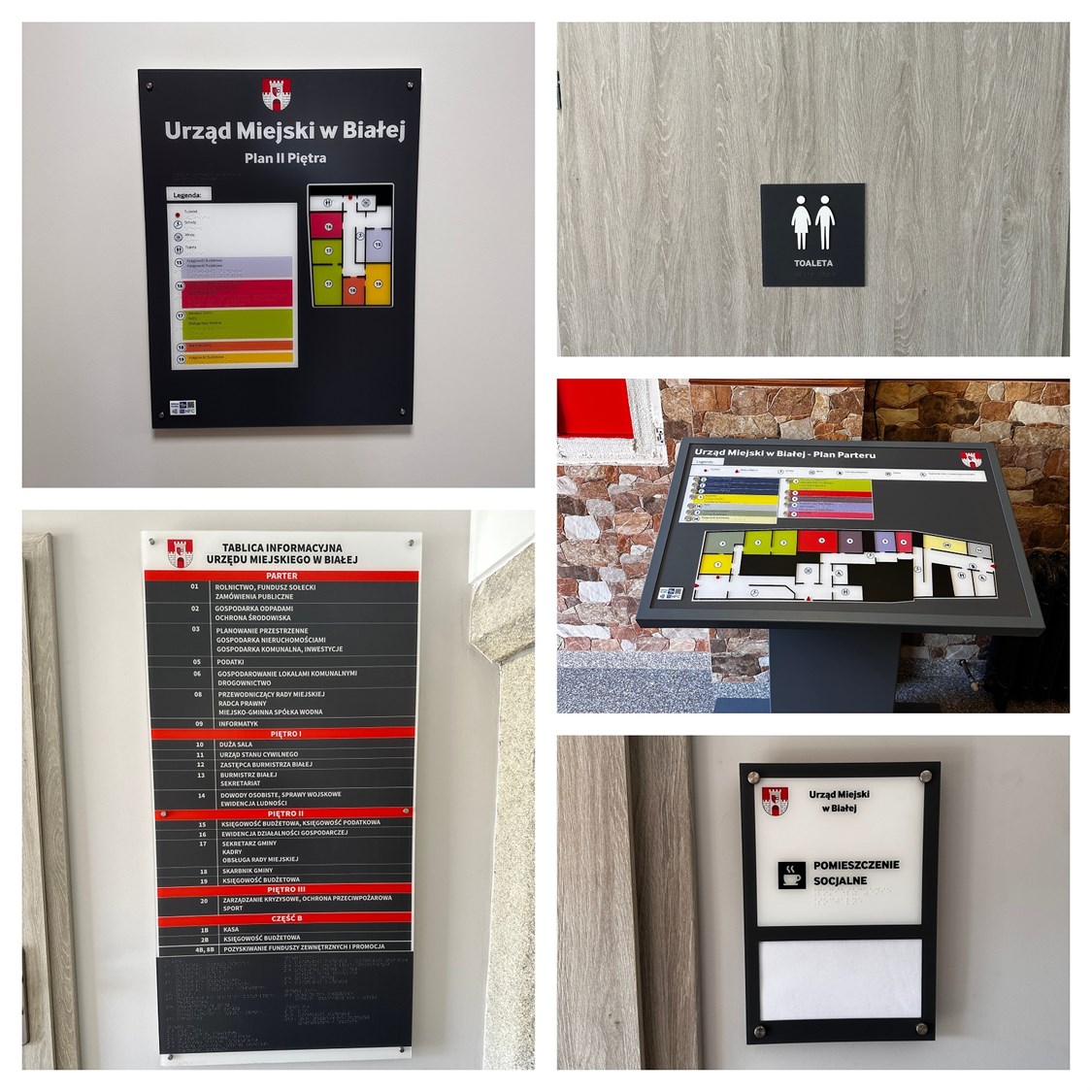 Dotykowe plany informacyjne ze znacznikami YourWay Beacon i NFC, tablice i tabliczki informacyjne w czarnym druku i w brajlu w Urzędzie Miejskim w Białej.