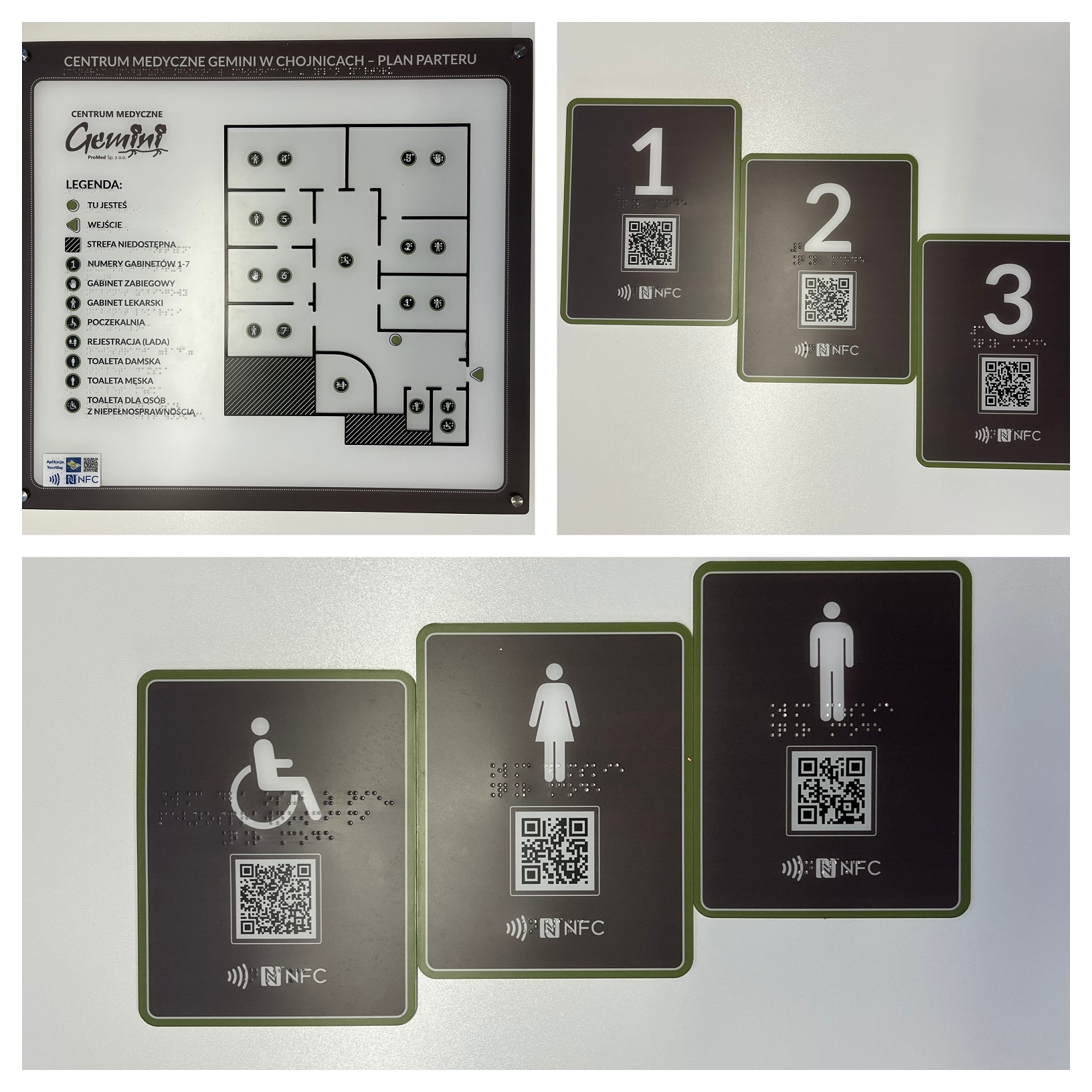 Tyflograficzny plan informacyjny ze znacznikami YourWay Beacon i NFC, tabliczki informacyjne w brajlu ze znacznikami NFC, część z piktogramami, w siedzibie Centrum Medycznego Gemini w Chojnicach. 