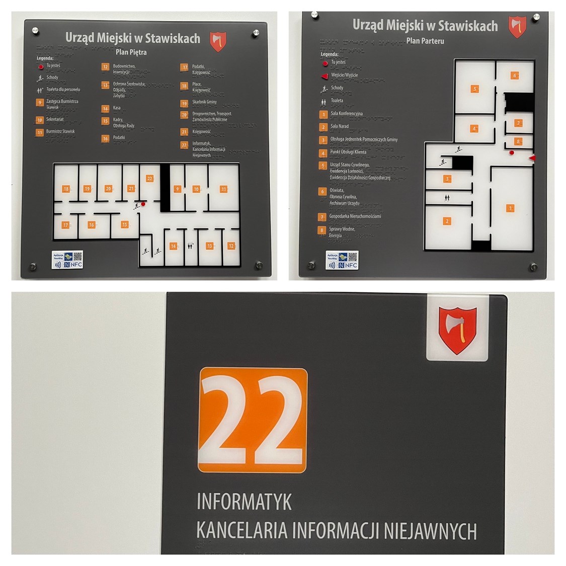 Tyflograficzne plany informacyjne ze znacznikami YourWay Beacon i NFC, tabliczki informacyjne w czarnym druku i w brajlu dla Urzędu Miejskiego w Stawiskach.