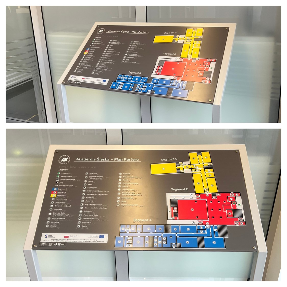 Tyflograficzny plan informacyjny ze znacznikami YourWay Beacon i NFC dla Akademii Śląskiej w Katowicach.
