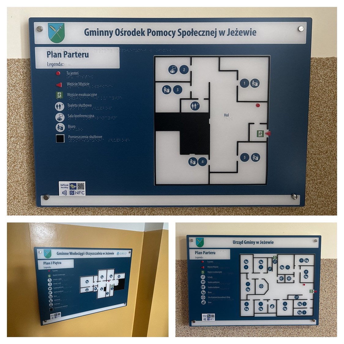 Tyflograficzne plany informacyjne ze znacznikami YourWay Beacon i NFC dla Urzędu Gminy w Jeżewie.
