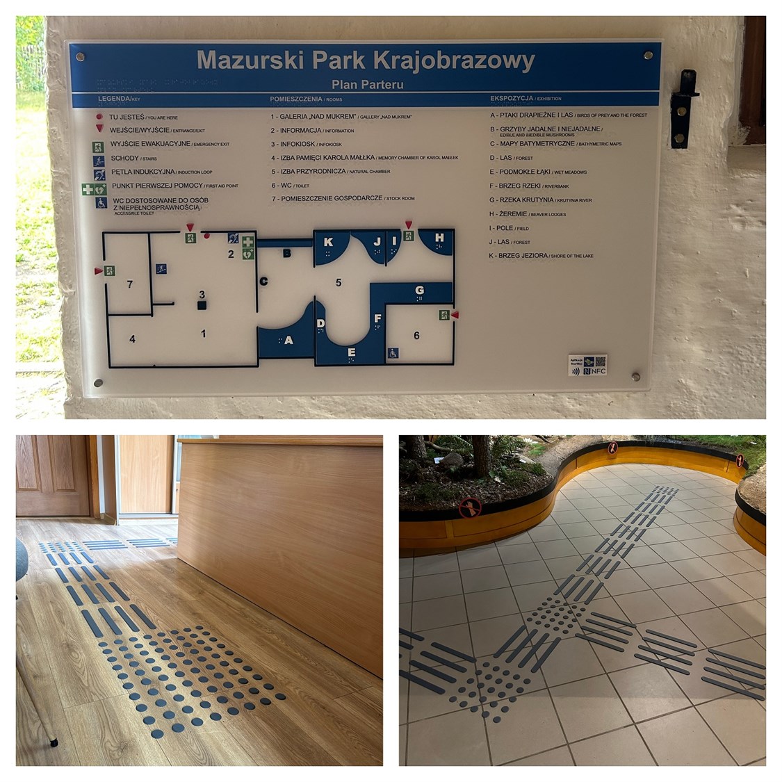 Tyflograficzny plan informacyjny ze znacznikami YourWay Beacon i NFC, linie naprowadzające i pola uwagi.