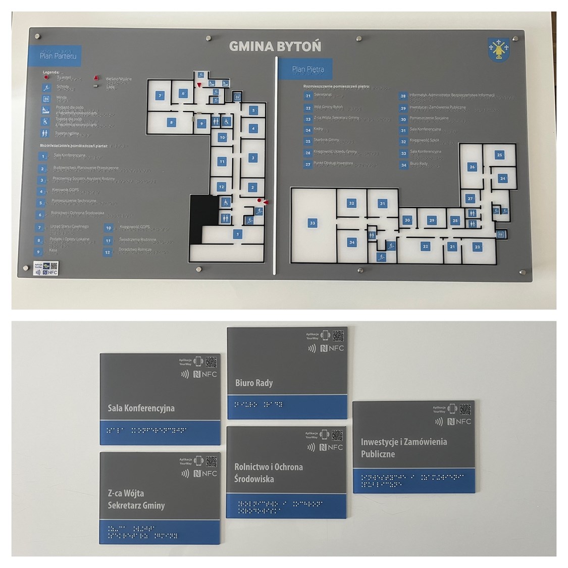 Tyflograficzny plan informacyjny ze znacznikami YourWay Beacon i NFC, a także tabliczki informacyjne w czarnym druku i brajlu ze znacznikami YourWay Beacon i NFC.