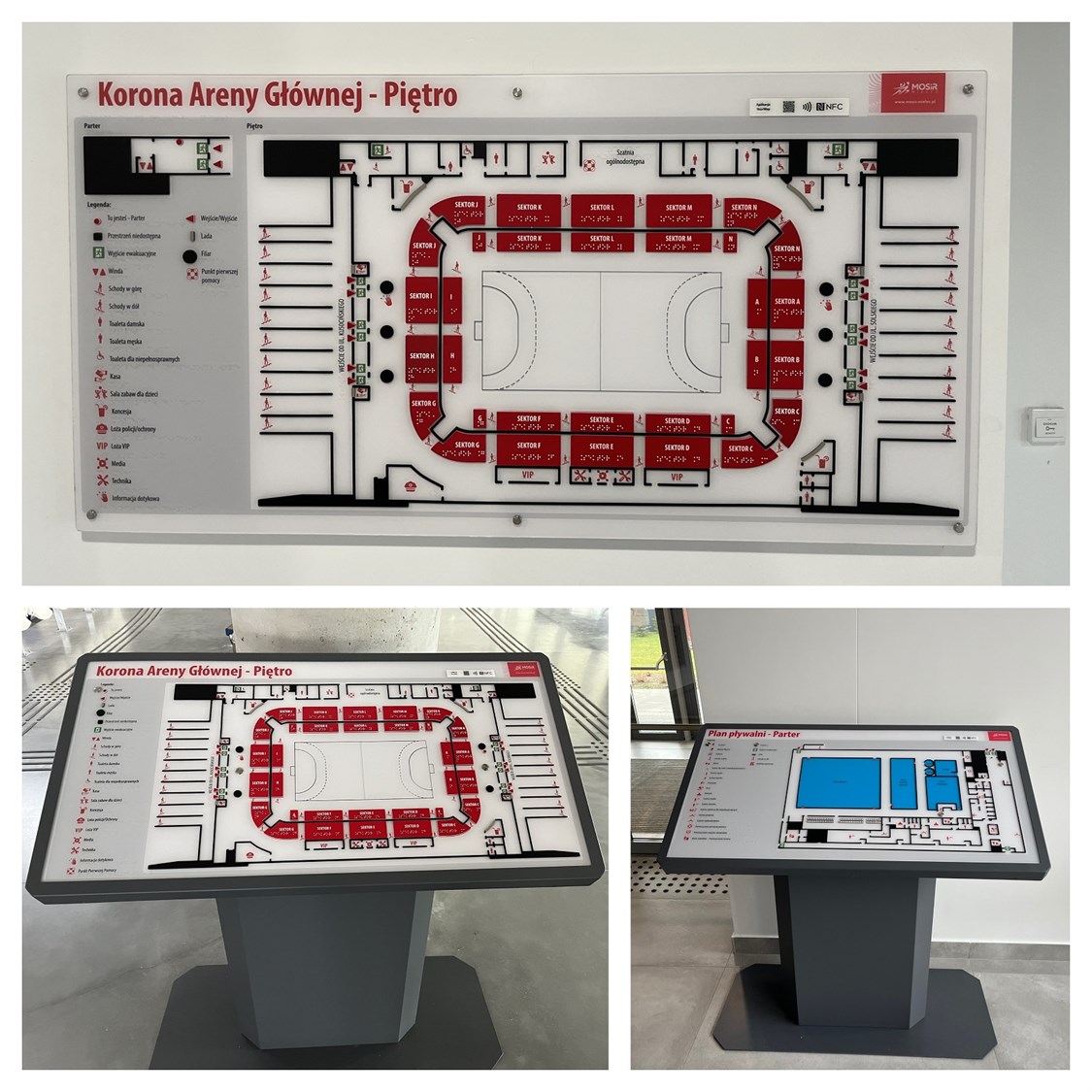 Tyflograficzne plany informacyjne ze znacznikami YourWay Beacon i NFC w MOSiR w Mielcu, część udźwiękowionych.