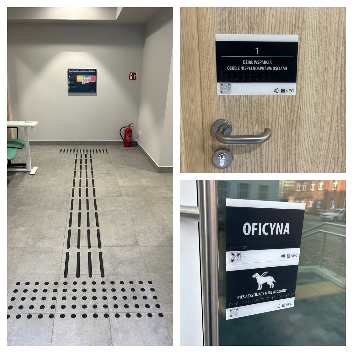 tabliczki informacyjne w czarnym druku i w brajlu z QR kodem i NFC, linie naprowadzające i pola uwagi w PCPR w Bydgoszczy.