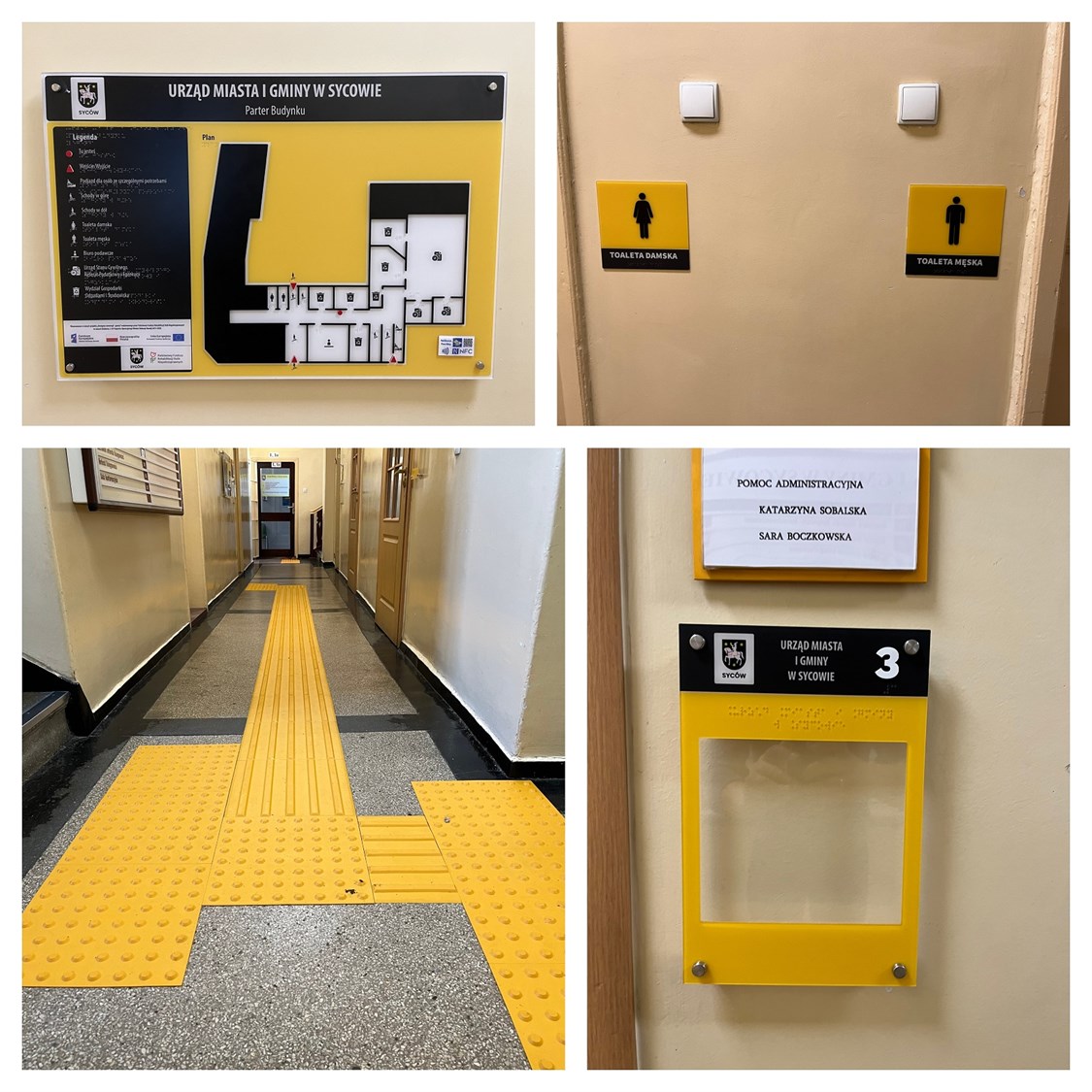 Tekst alternatywny do zdjęć: Tyflograficzny plan informacyjny ze znacznikami YourWay Beacon i NFC, tabliczki informacyjne w czarnym druku i w brajlu (część z piktogramami), linie naprowadzające i pola uwagi, kątowniki na stopnie schodów w Urzędzie Gminy Syców. 
