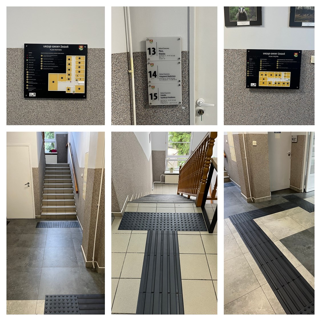 Tyflograficzne plany informacyjne ze znacznikami YourWay Beacon i NFC, tabliczki informacyjne w czarnym druku i w brajlu, linie naprowadzające i pola uwagi w budynku Urzędu Gminy Żagań.