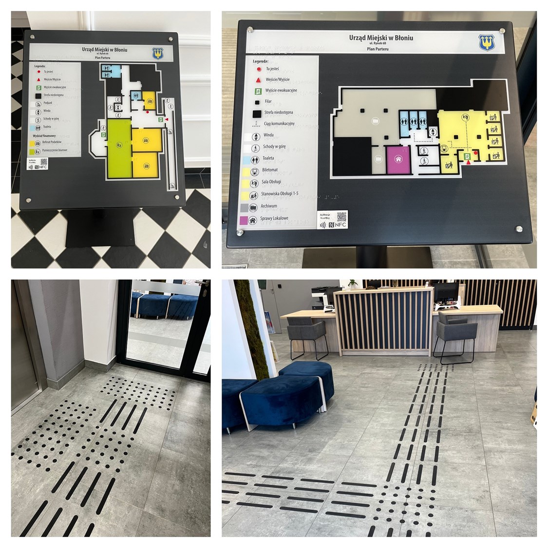 Tyflograficzne plany informacyjne ze znacznikami YourWay Beacon i NFC, linie naprowadzające i pola uwagi w Urzędzie Miejskim w Błoniu.