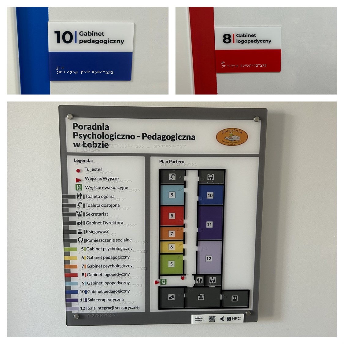Tyflograficzny plan informacyjny ze znacznikami YourWay Beacon i NFC, informacyjne tabliczki tyflograficzne na drzwi w Poradni Psychologiczno-Pedagogicznej w Łobzie.