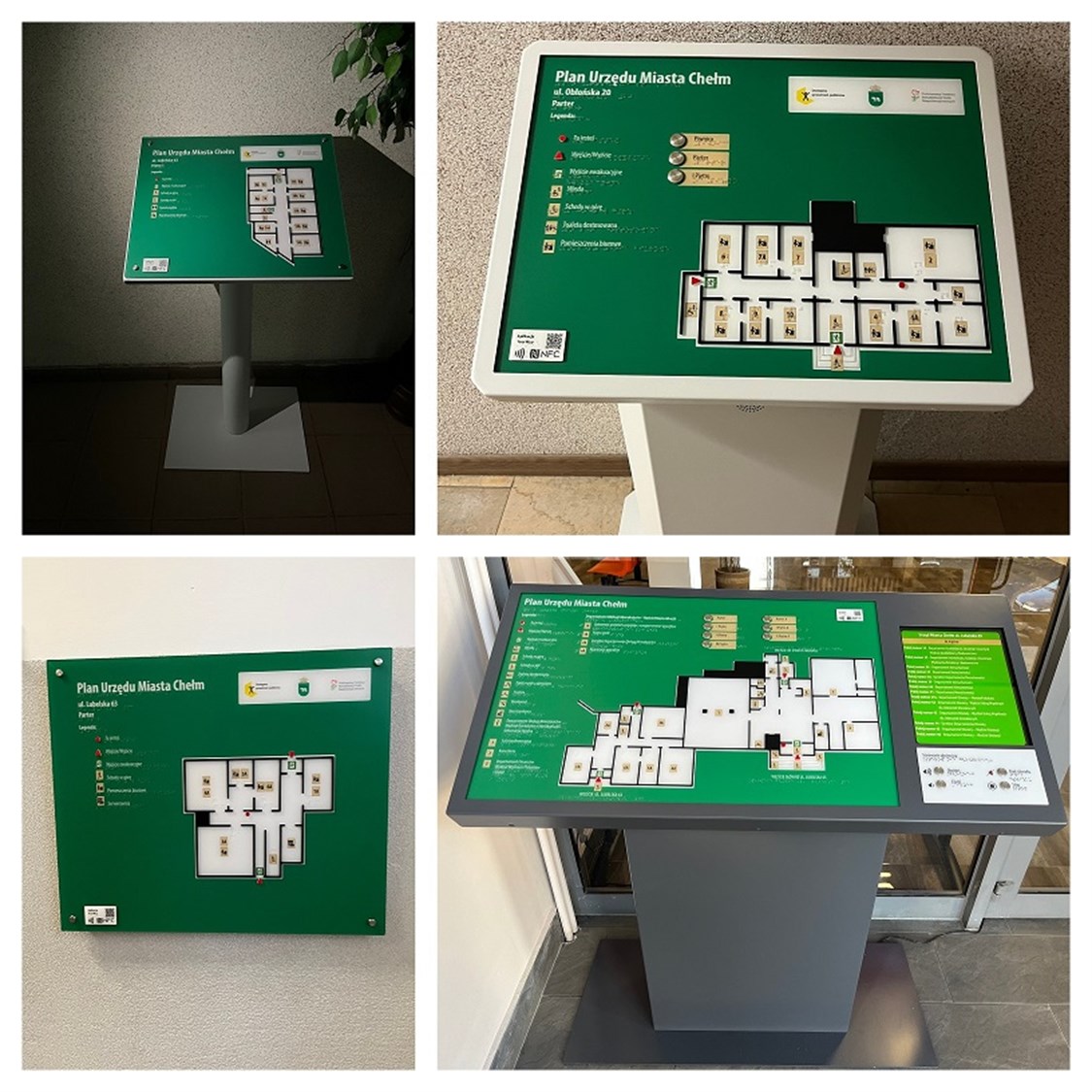 Terminal multimedialny, tyflograficzne plany informacyjne ze znacznikami YourWay Beacon i NFC, część z udźwiękowieniem w kilku obiektach Urzędu Miasta Chełm.