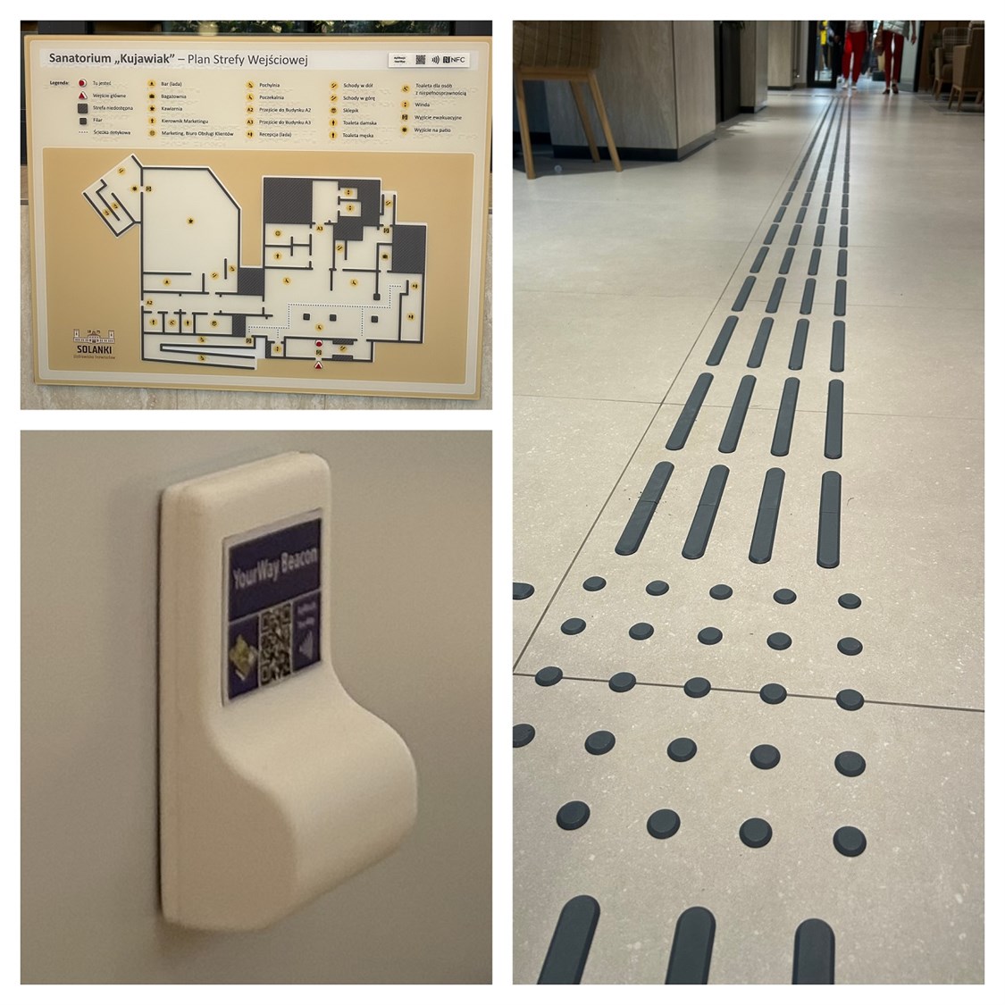 Tyflograficzny plan informacyjny ze znacznikami YourWay Beacon i NFC, linie naprowadzające i pola uwagi, dodatkowy znacznik YourWay Beacon w budynku Sanatorium Kujawiak w Inowrocławiu.