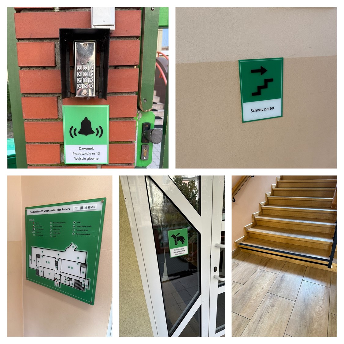 Tyflograficzne plany informacyjne z technologią NFC i YourWay Beacon, tablice z wypukłymi piktogramami i brajlem w Przedszkolu nr 13 w Warszawie. Tabliczka z napisem „Schody parter” i piktogramami ułatwiająca orientację dla osób niewidomych i słabowidzących. Schody z kontrastową taśmą ostrzegawczą na krawędziach stopni, zwiększającą bezpieczeństwo użytkowników. Tabliczka z piktogramem psa przewodnika i napisem „Pies asystujący i pies przewodnik mile widziani” na drzwiach wejściowych. Tabliczka informacyjna z symbolem dzwonka i napisem „Dzwonek Przedszkole nr 13 Wejście główne” przy bramie wejściowej.
