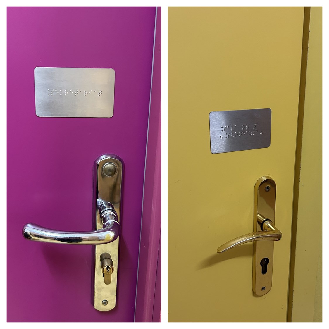 Drzwi w kolorze różowym z metalową tabliczką brajlowską oraz Drzwi w kolorze żółtym z metalową tabliczką brajlowską.   