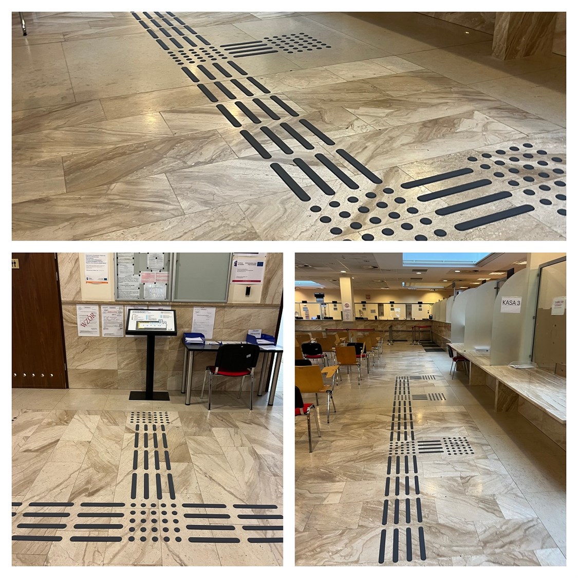 Widok na salę obsługi z rzędami krzeseł i punktami kasowymi, na podłodze system prowadnic dotykowych kierujących do stanowisk, Tablica informacyjna z planem budynku i dokumentami, z przodu prowadnice dotykowe dla osób z niepełnosprawnością wzroku w układzie skrzyżowania.