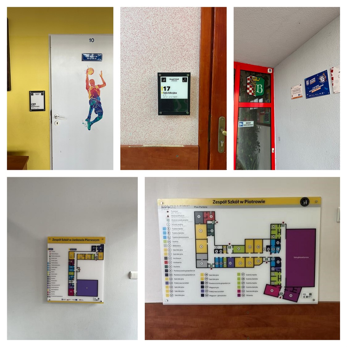 Białe drzwi z barwną grafiką koszykarza w trakcie rzutu. Nad grafiką znajduje się mała, biała tabliczka z numerem 10 i napisem "Szatnia męska". Na żółtej ścianie po lewej stronie wisi czarno-biała tabliczka dla pokoju 27, również oznaczonego jako "Szatnia męska". Różowa ściana z widoczną fakturą, obok drewnianych drzwi. Do ściany przymocowana jest mała, czarno-biała tabliczka informacyjna, która wskazuje numer 17 i określa pomieszczenie jako "Sala lekcyjna". Czerwone, przeszklone drzwi wejściowe, na których widnieje herb z zieloną tarczą i koroną, a wewnątrz litera "B". Obok drzwi, na szarej ścianie, umieszczone są dwie niebieskie tablice promujące program "Aktywna Szkoła" oraz mniejsza, biała tabliczka informacyjna. Duża, żółta tablica z planem parteru szkoły wisi na białej ścianie. Plan, zatytułowany "Zespół Szkół w Jankowie Pierwszym", zawiera legendę z kolorowymi ikonami, które wskazują lokalizację toalet, sal, szatni i innych pomieszczeń. Tablica z planem parteru szkoły, zatytułowanym "Zespół Szkół w Piotrowie". Mapa, która jest umieszczona na ścianie, przedstawia ponumerowane pomieszczenia, takie jak sale lekcyjne, szatnie czy sala gimnastyczna, z dołączoną legendą, która objaśnia przeznaczenie każdego pokoju.