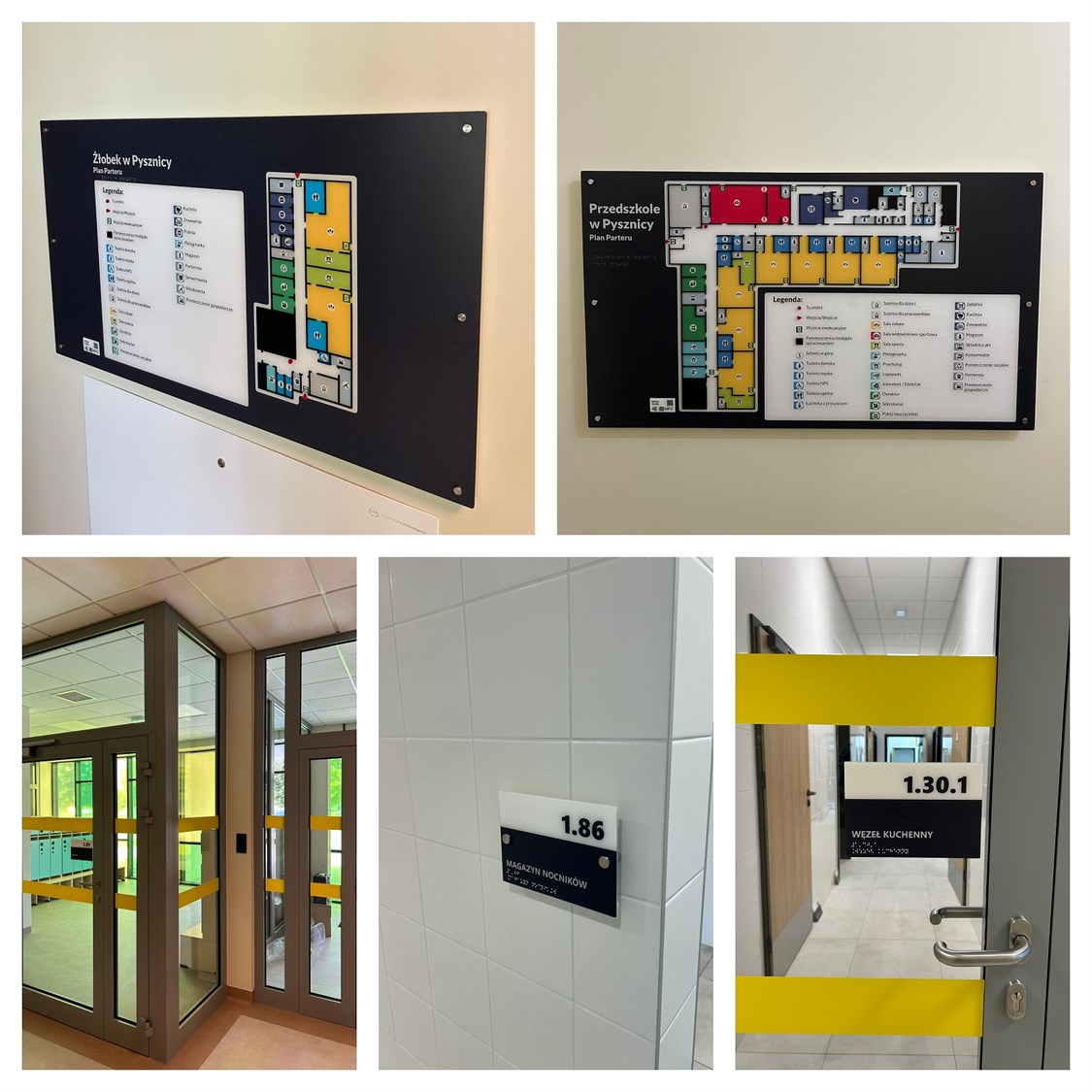 Duża tablica z planem parteru przedszkola w Pysznicy. Czarno-biały plan parteru żłobka w Pysznicy wisi na ścianie. Po prawej stronie planszy znajduje się schemat pomieszczeń w różnych kolorach. Po lewej stronie jest legenda z ikonami i nazwami pokoi. Przeszklone drzwi prowadzące do szatni, gdzie widać szafki na rzeczy dzieci. Na szybie przyklejona jest tabliczka z numerem 1.91 i napisem „Szatnia”. Tabliczka informacyjna na ścianie pokrytej białymi kafelkami. Tabliczka jest dwukolorowa, z numerem 1.86 i napisem „MAGAZYN NOCNIKÓW” z tekstem w Braille'u. Tabliczka informacyjna na ścianie pokrytej białymi kafelkami. Tabliczka jest dwukolorowa, z numerem 1.86 i napisem „MAGAZYN NOCNIKÓW” z tekstem w Braille'u.