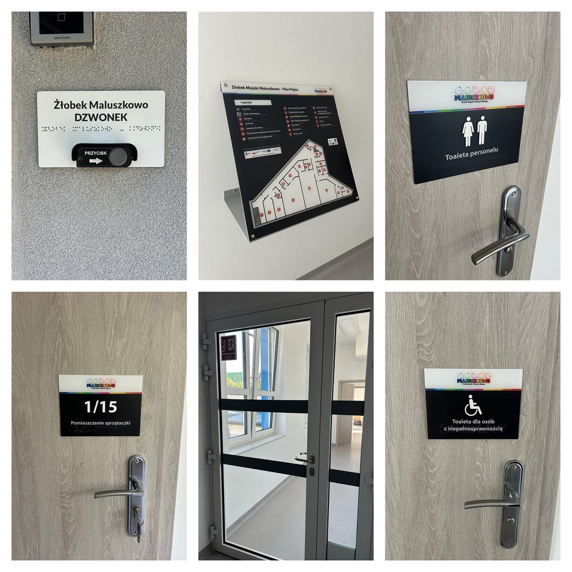 tyflograqficzny plan piętra Żłobek Miejski Maluszkowo. Biała tabliczka z napisem "Żłobek Maluszkowo DZWONEK" i tekstem w alfabecie Braille’a. kolorowe tabliczki informacyjne w czarno druku i brajlu.