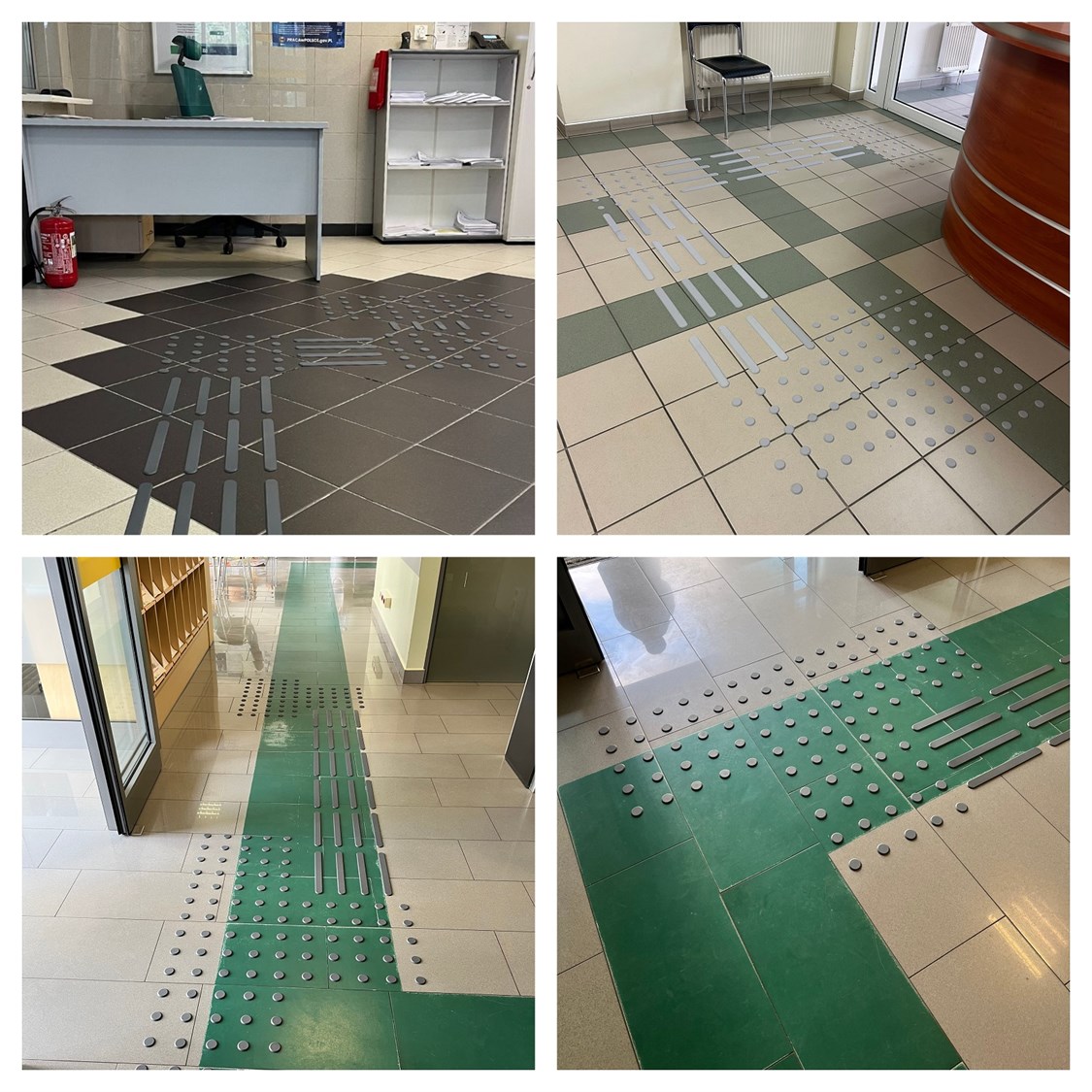 Ciemnoszara tyflopodłoga prowadząca do lady obsługi klienta w placówce ZUS, Jasnoszara tyflopodłoga z pasów kierunkowych i punktów uwagi na biało-zielonej, szachownicowej podłodze. Dotykowa ścieżka prowadząca z zielonego PVC na jasnej podłodze w wejściu do placówki ZUS, pola kierunkowe i pola uwagi.