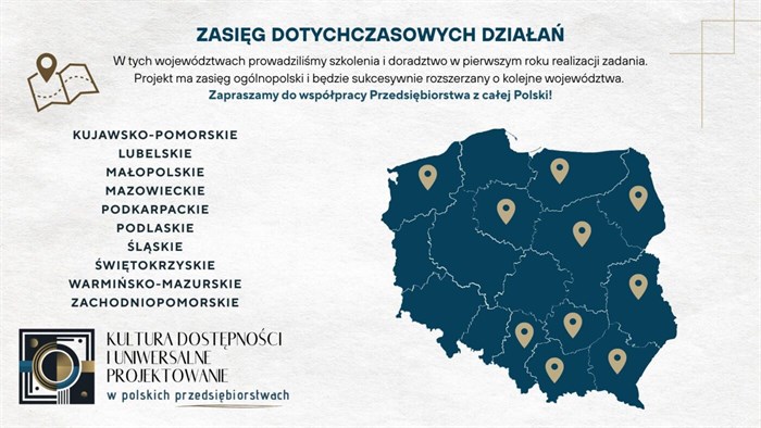 mapa Polski z zaznaczonymi województwami, obrazująca zasięg dotychczasowych działań w projekcie (wymień województwa), może tak lepiej?